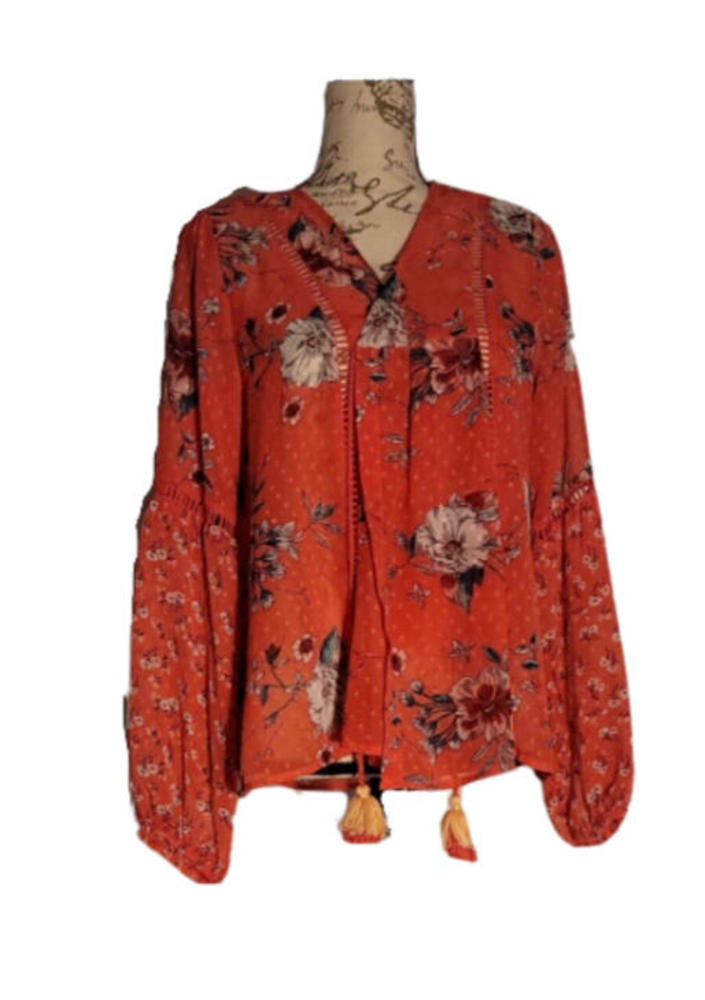 TIME AND TRU Open Front Women's Short Floral Duster w Front Tie Tassels Size M